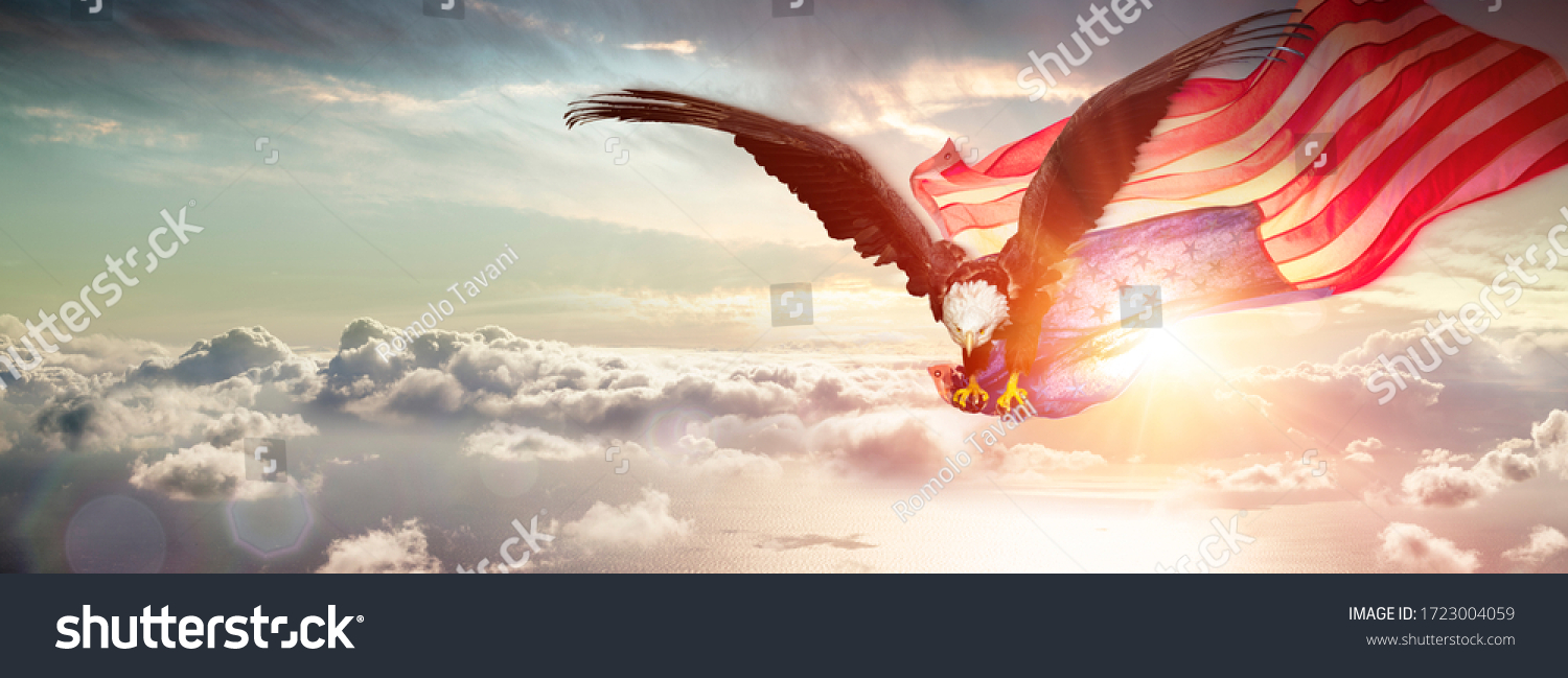 Eagle With American Flag Flying Over The Clouds
 #1723004059
