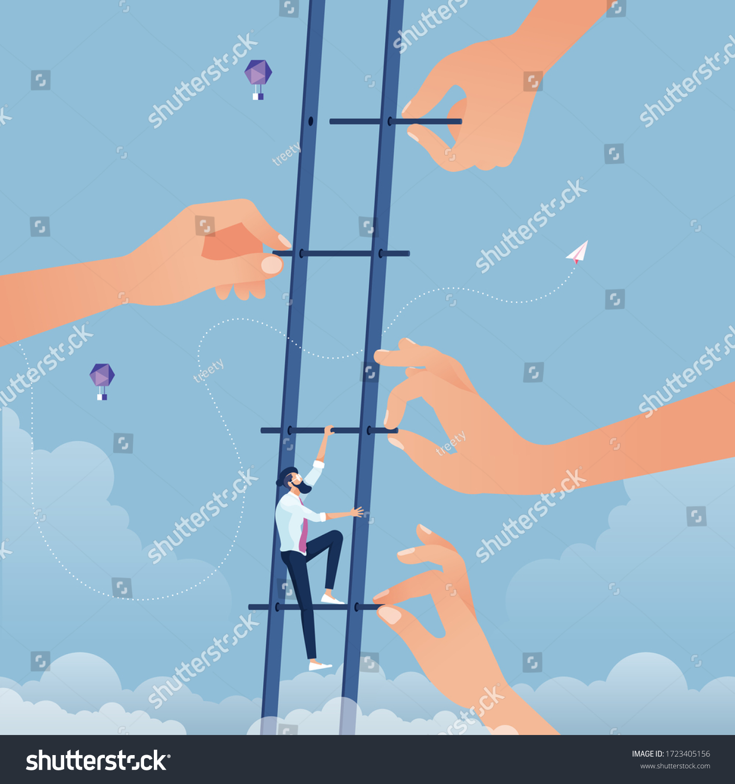 Big hand build stair to help businessman go up higher. Business growth success and teamwork concept #1723405156