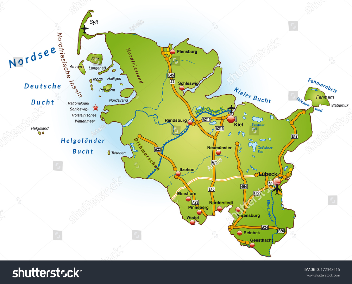 Map of Schleswig-Holstein with highways in green - Royalty Free Stock ...