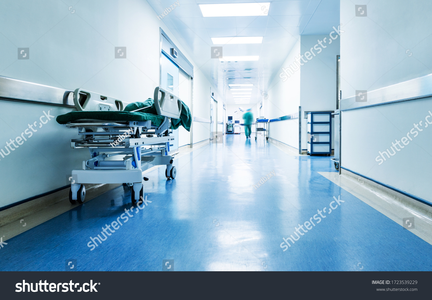 Doctors or nurses walking in hospital hallway, blurred motion. #1723539229
