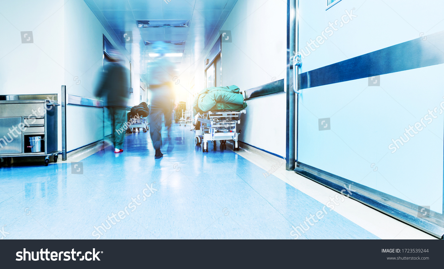Doctors or nurses walking in hospital hallway, blurred motion. #1723539244