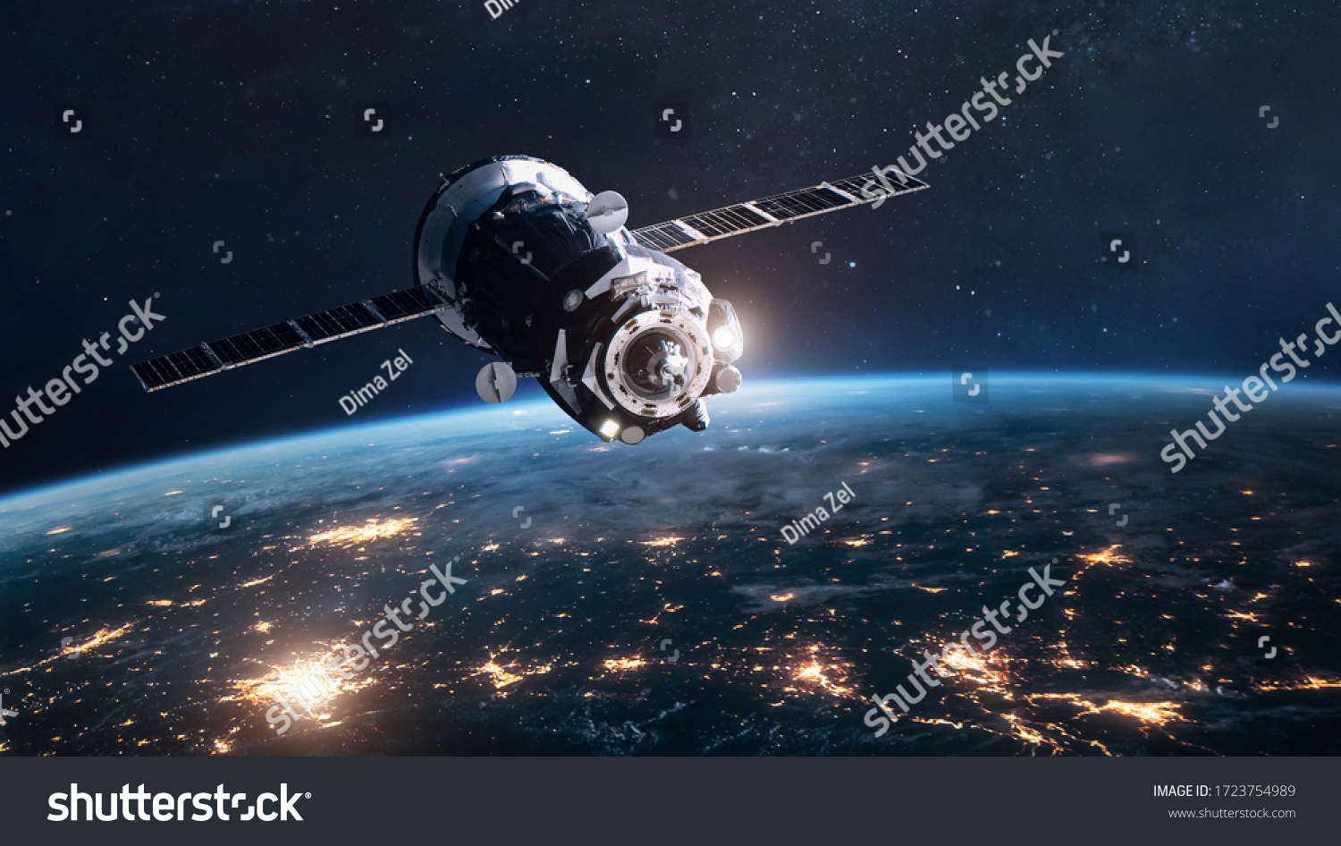 Cargo spaceship on orbit of planet Earth. Expedition on ISS station. Exploration of space. Elements of this image furnished by NASA #1723754989