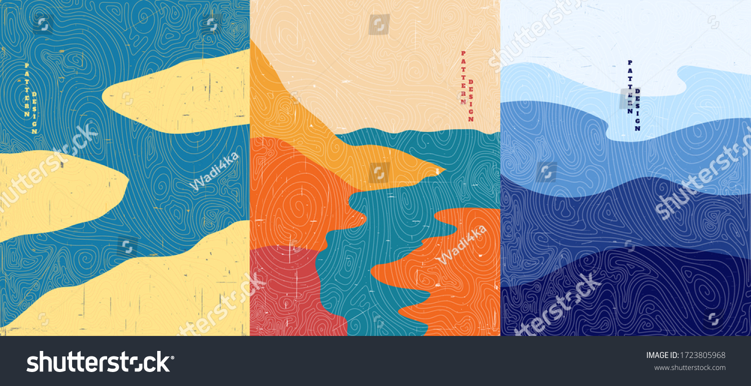 Vector illustration. Abstract landscape background. Hand drawn pattern design. Geometric template. Ornamental  poster concept. Vintage art. 70s, 80s retro graphic. Ocean, islands, seascape #1723805968