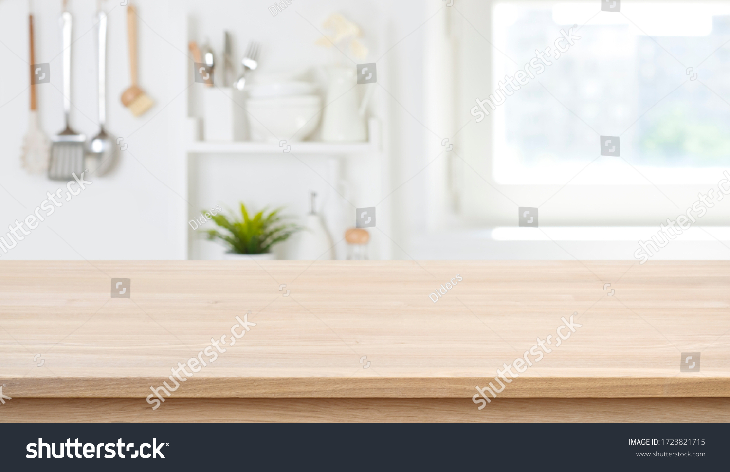 Wooden texture table top on blurred kitchen window background #1723821715