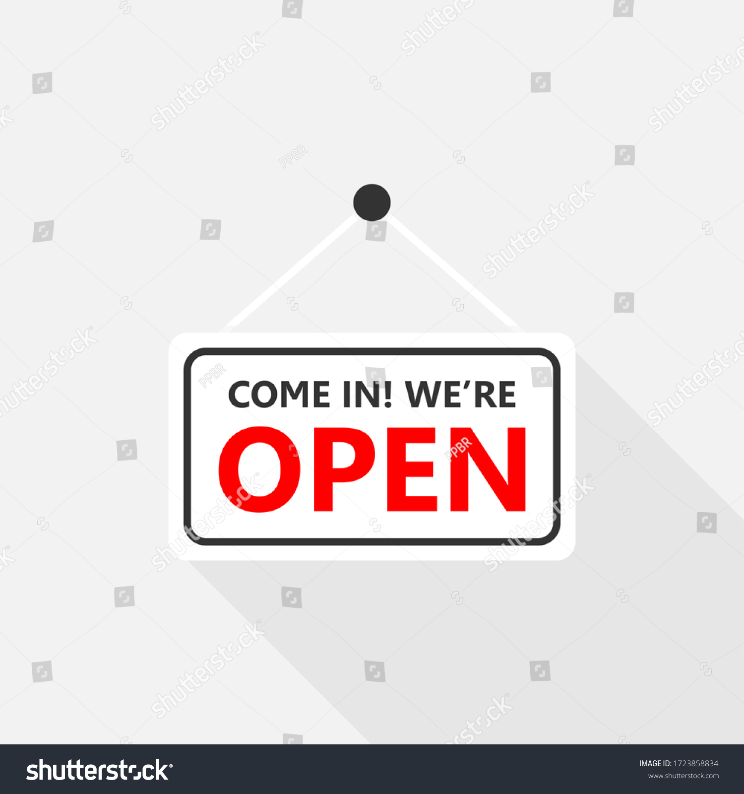 Come in we are open sign on signboard with rope for business, Online Shopping, Vector design of flat icon on isolated background. #1723858834