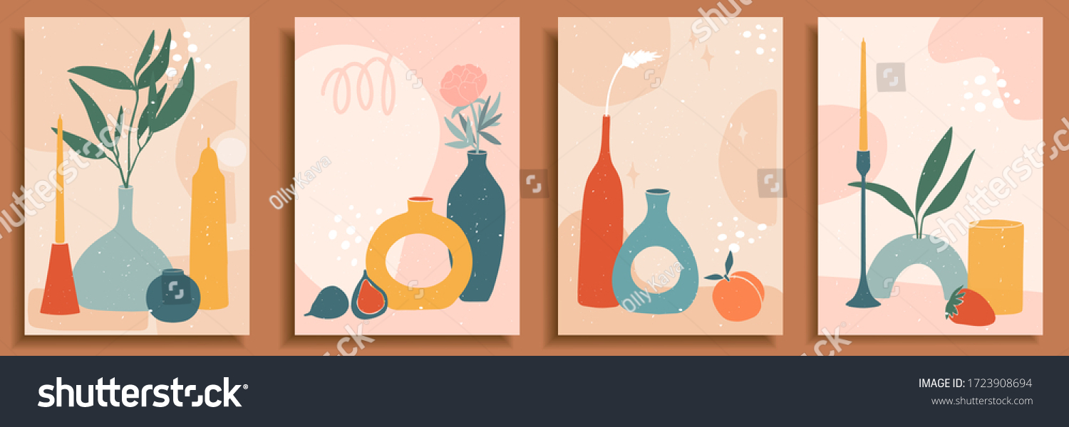 Abstract still life in pastel colors. Collection of contemporary art. Abstract paper cut elements, fruits for social media, posters, postcards, print. Hand drawn vase, candle, leaves, flowers, fruits. #1723908694