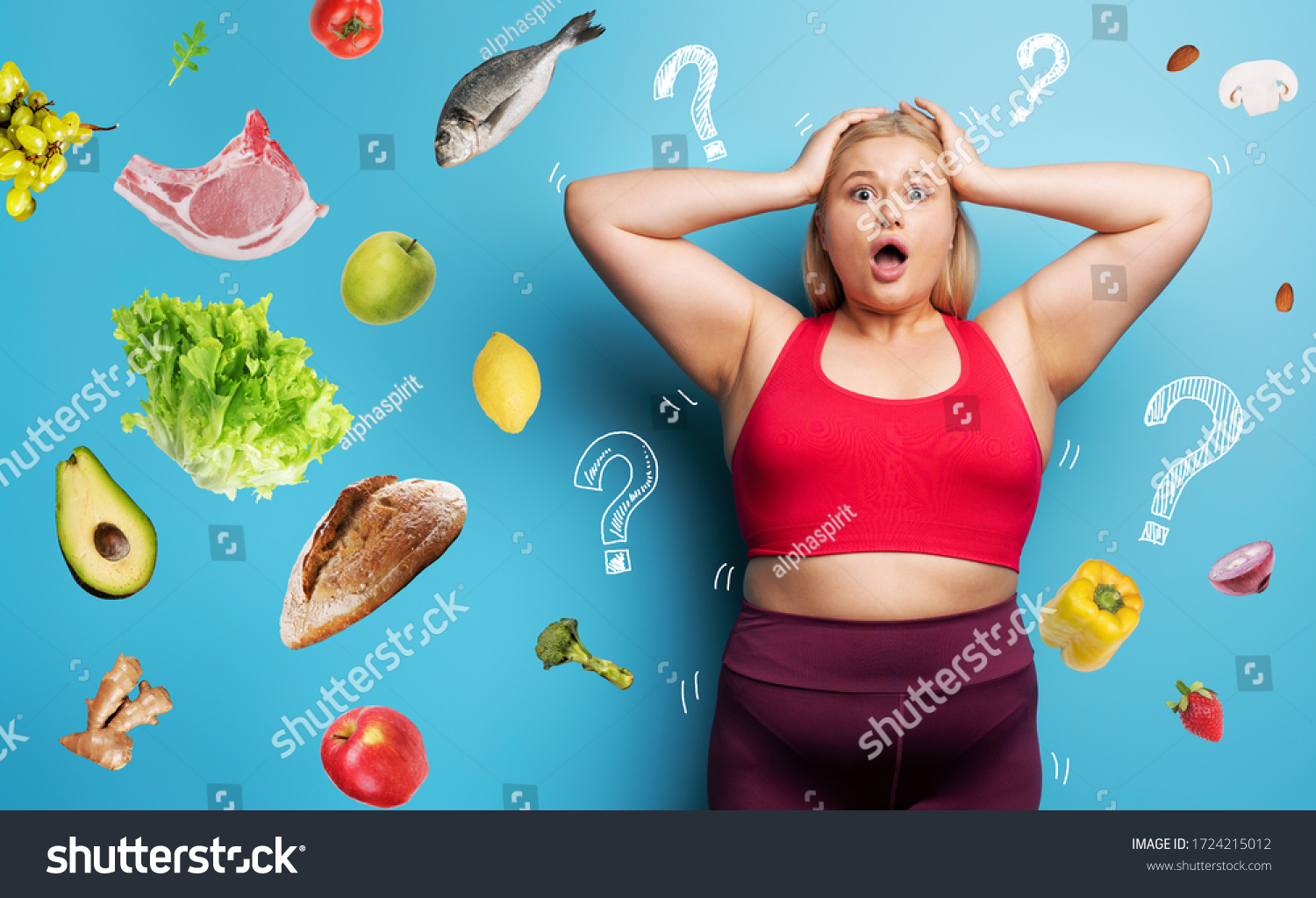 Fat girl in fitness suite wants to start a diet but has doubts about the food to buy. Cyan background #1724215012