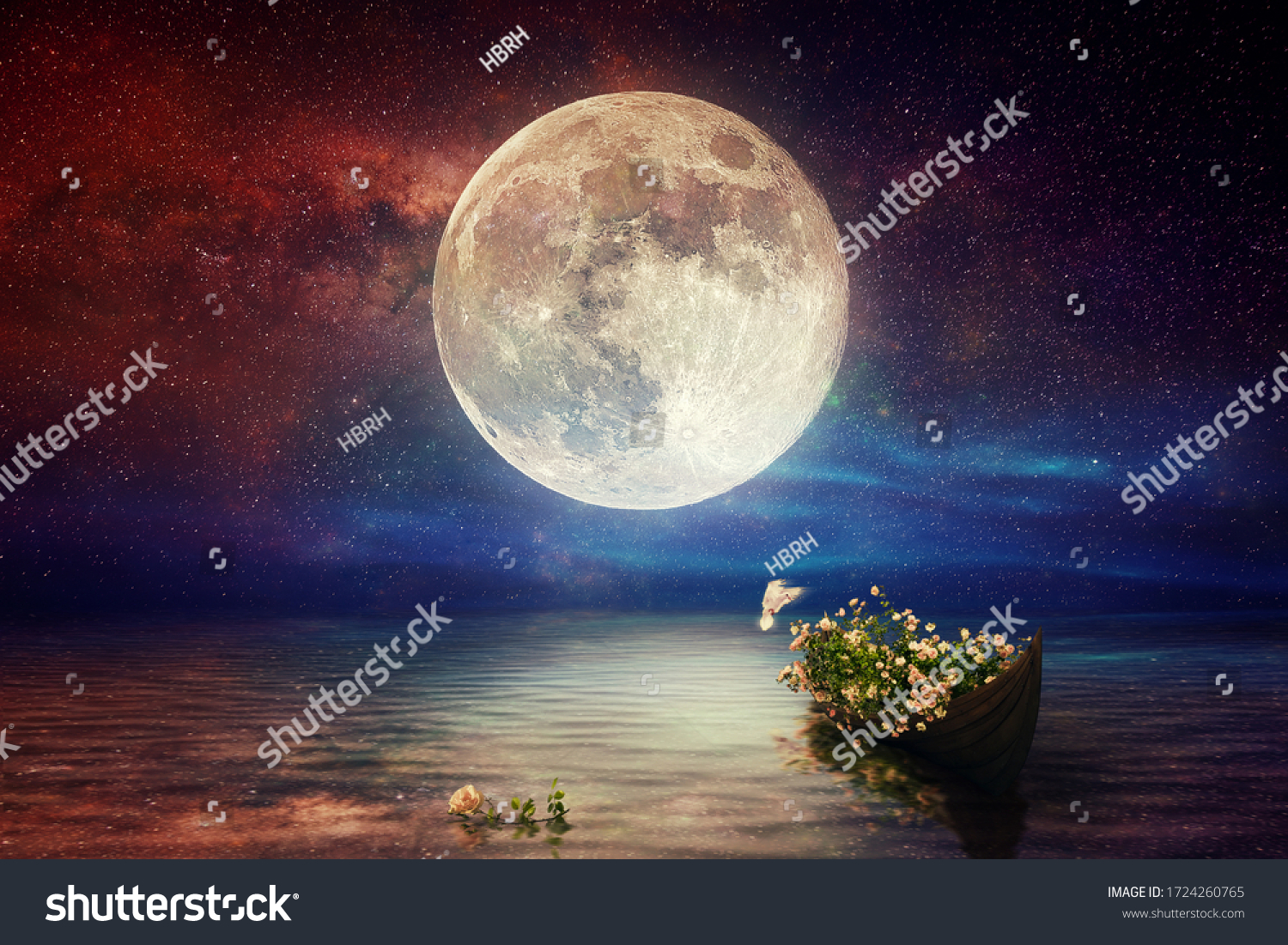 Fantasy starry night sea after sunset, boat full of flowers, pigeon flying, blue red cloudy sky on water wave reflection on horizon skyline nature landscape concept artistic design raster illustration #1724260765