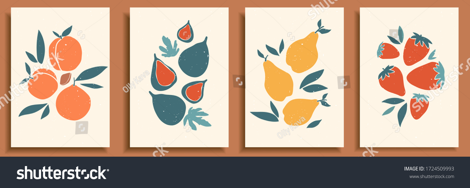 Abstract still life in pastel colors poster. Collection of contemporary art. Abstract paper cut elements, fruits and berries for social media, postcards, print. Hand drawn pear, peach, fig, strawberry #1724509993