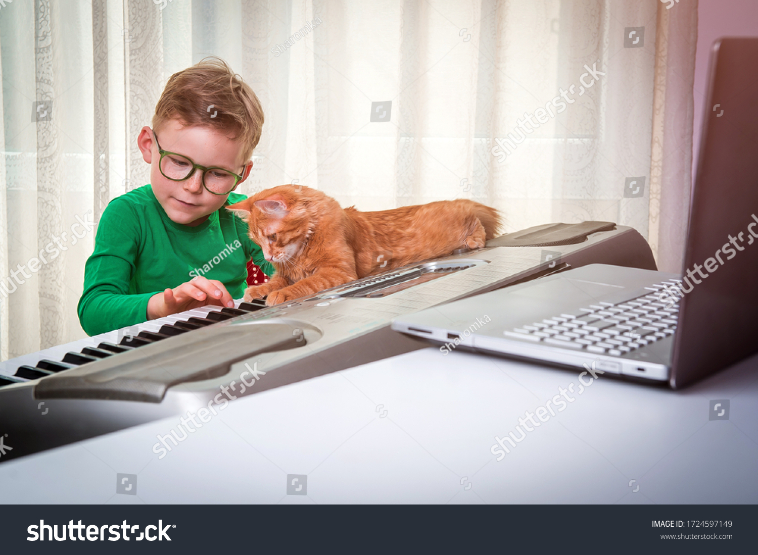Online lesson on the piano. Child and cat playing with remote education.  #1724597149