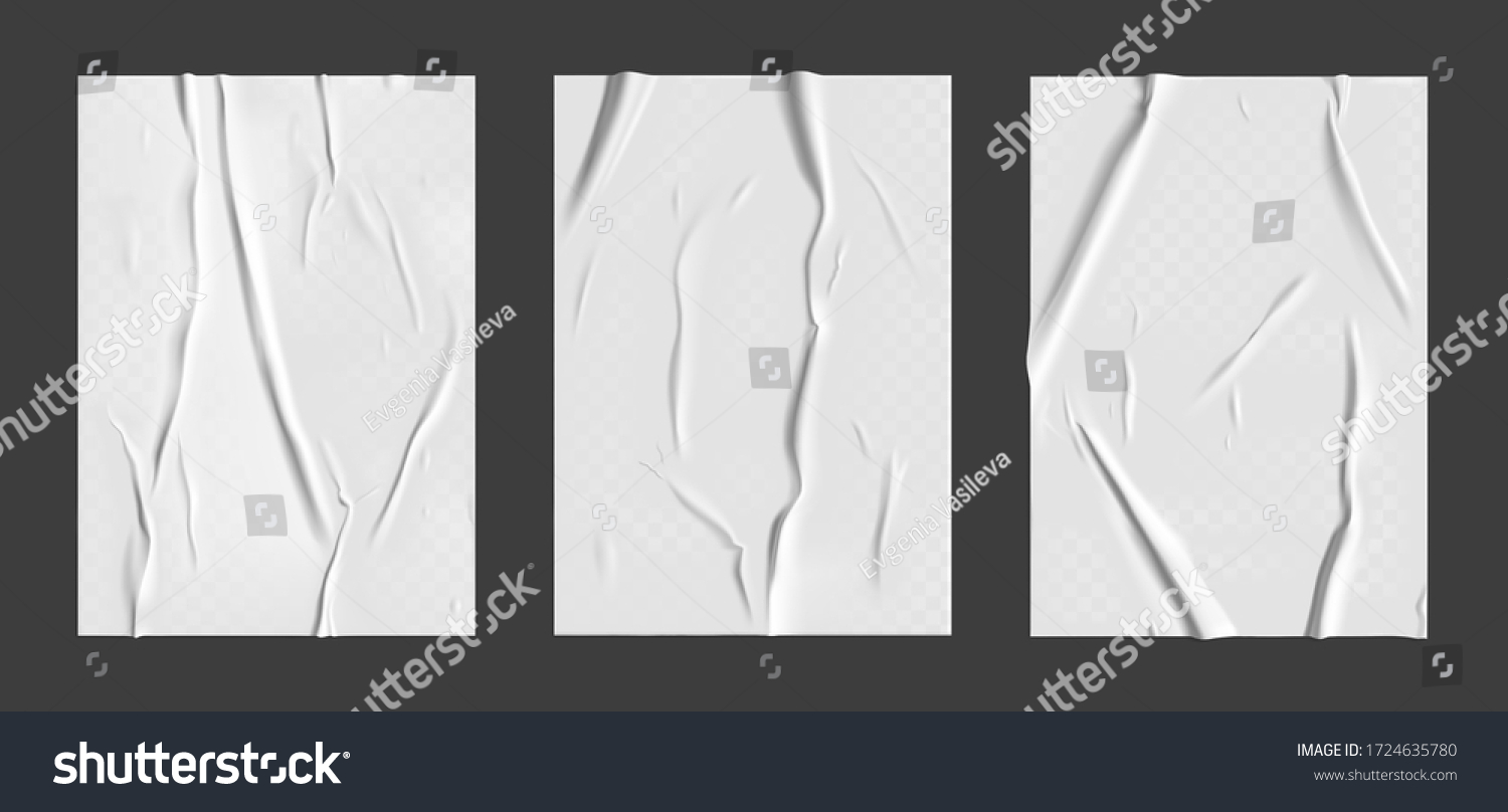 Glued paper set with wet transparent wrinkled effect on gray background. White wet paper poster template set with crumpled texture. Realistic vector posters mockup. #1724635780