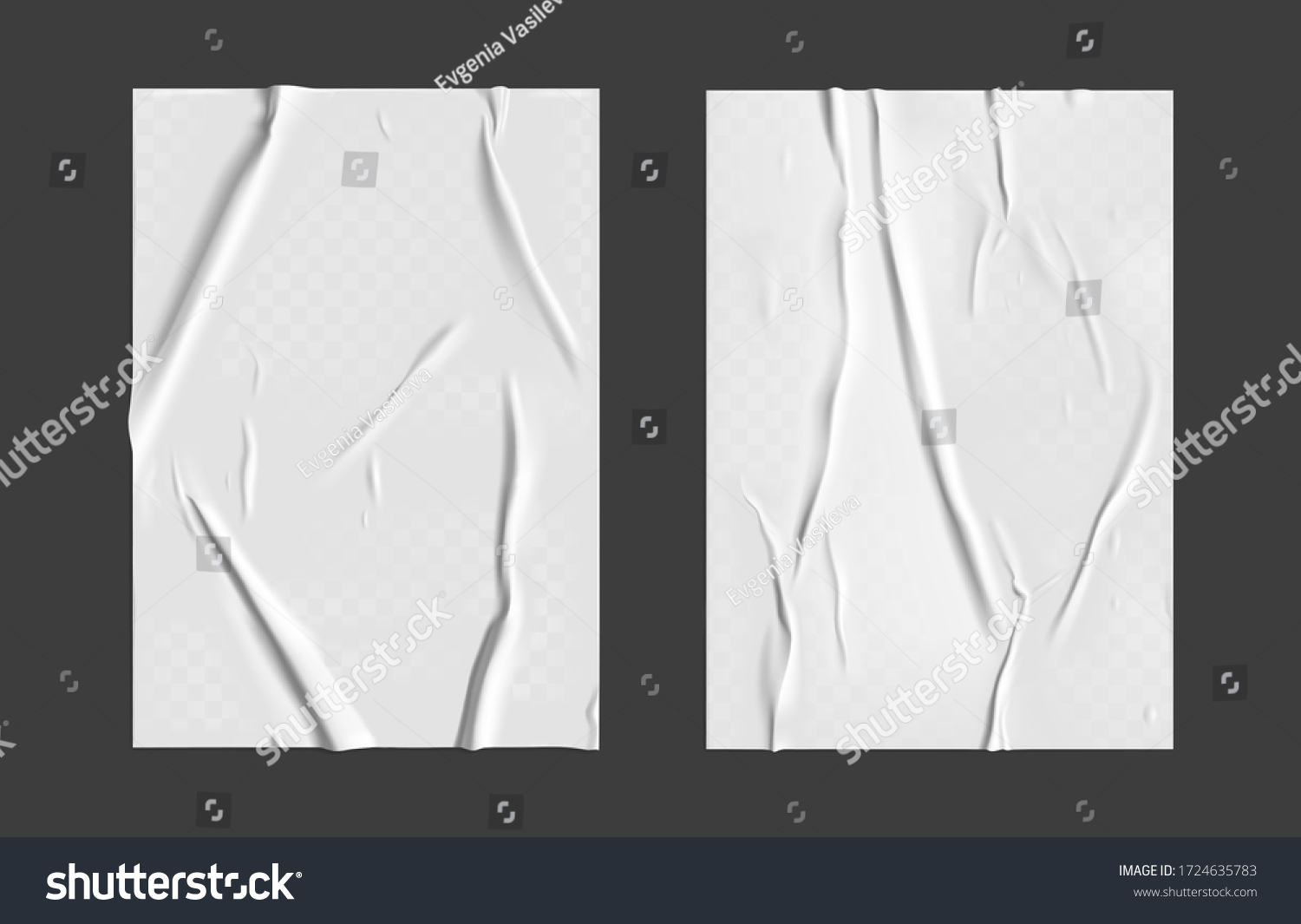 Glued paper set with wet transparent wrinkled effect on gray background. White wet paper poster template set with crumpled texture. Realistic vector posters mockup #1724635783
