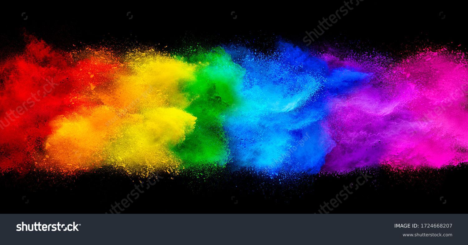 colorful rainbow holi paint color powder explosion garland banner isolated on dark black wide panorama background. peace rgb beautiful party concept #1724668207