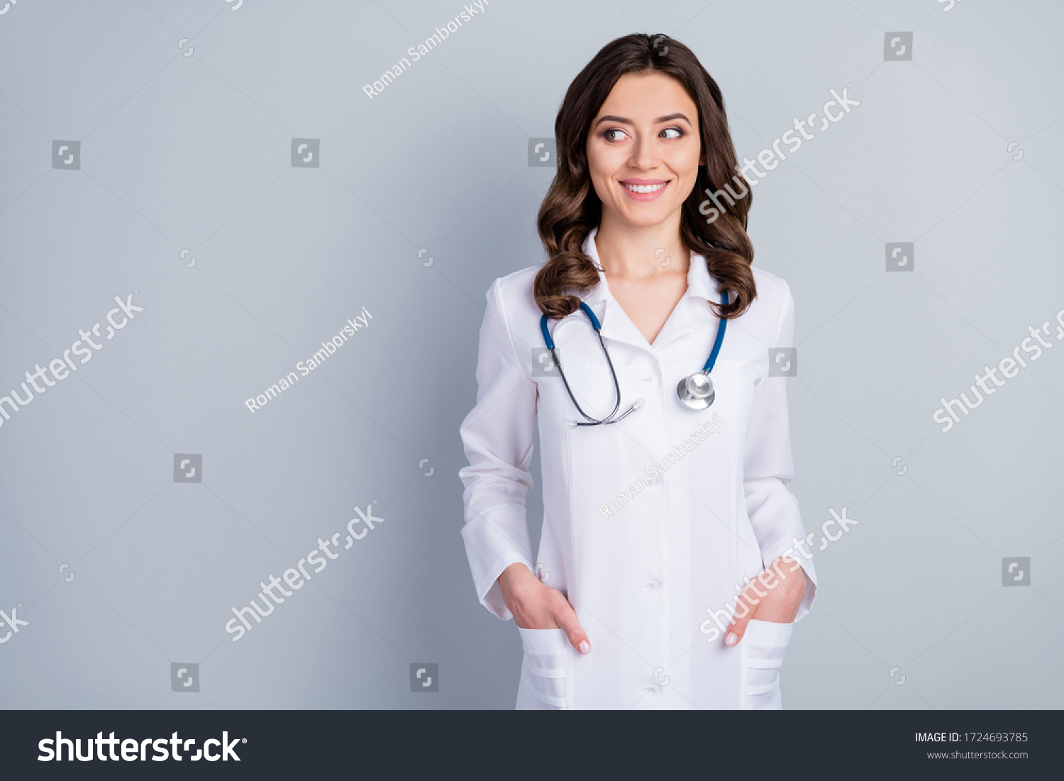 Photo of attractive family doc experienced lady consultant assistant virology clinic look side empty space beaming smile wear white lab coat stethoscope isolated grey color background #1724693785