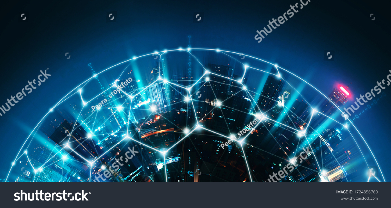 Smart network and Connection technology concept with Bangkok city background at sunset in Thailand, Panorama view #1724856760