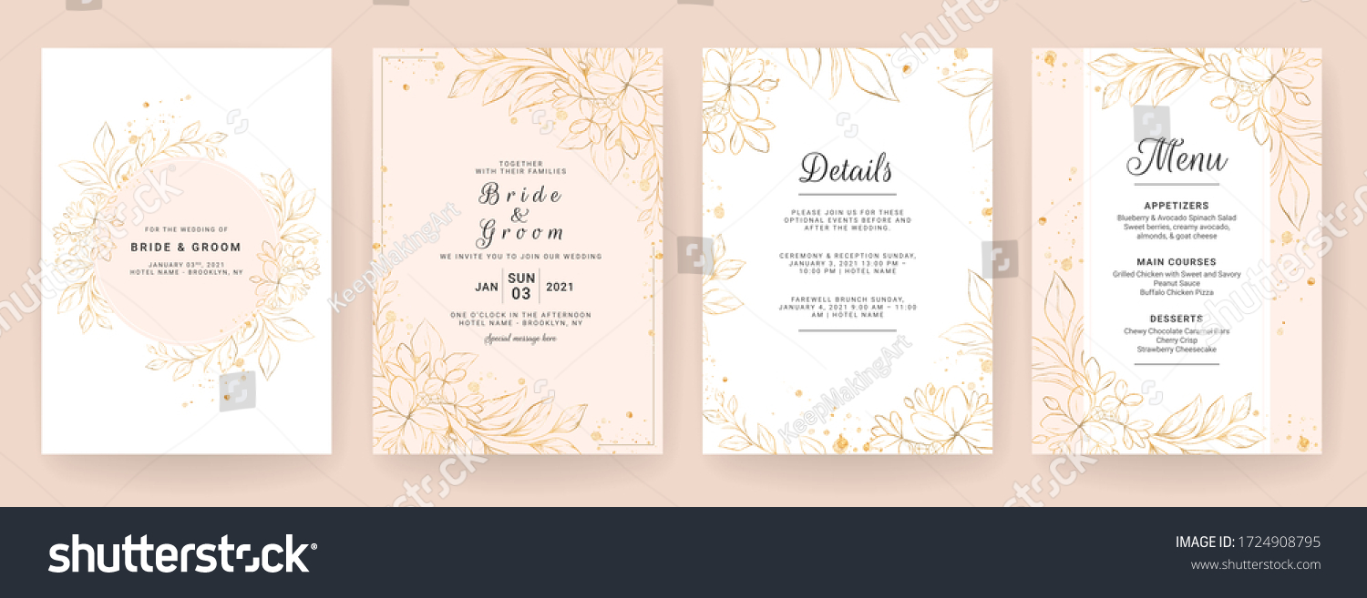 Wedding invitation card template set with line art floral decoration. Abstract background save the date, invitation, greeting card, multi-purpose vector #1724908795