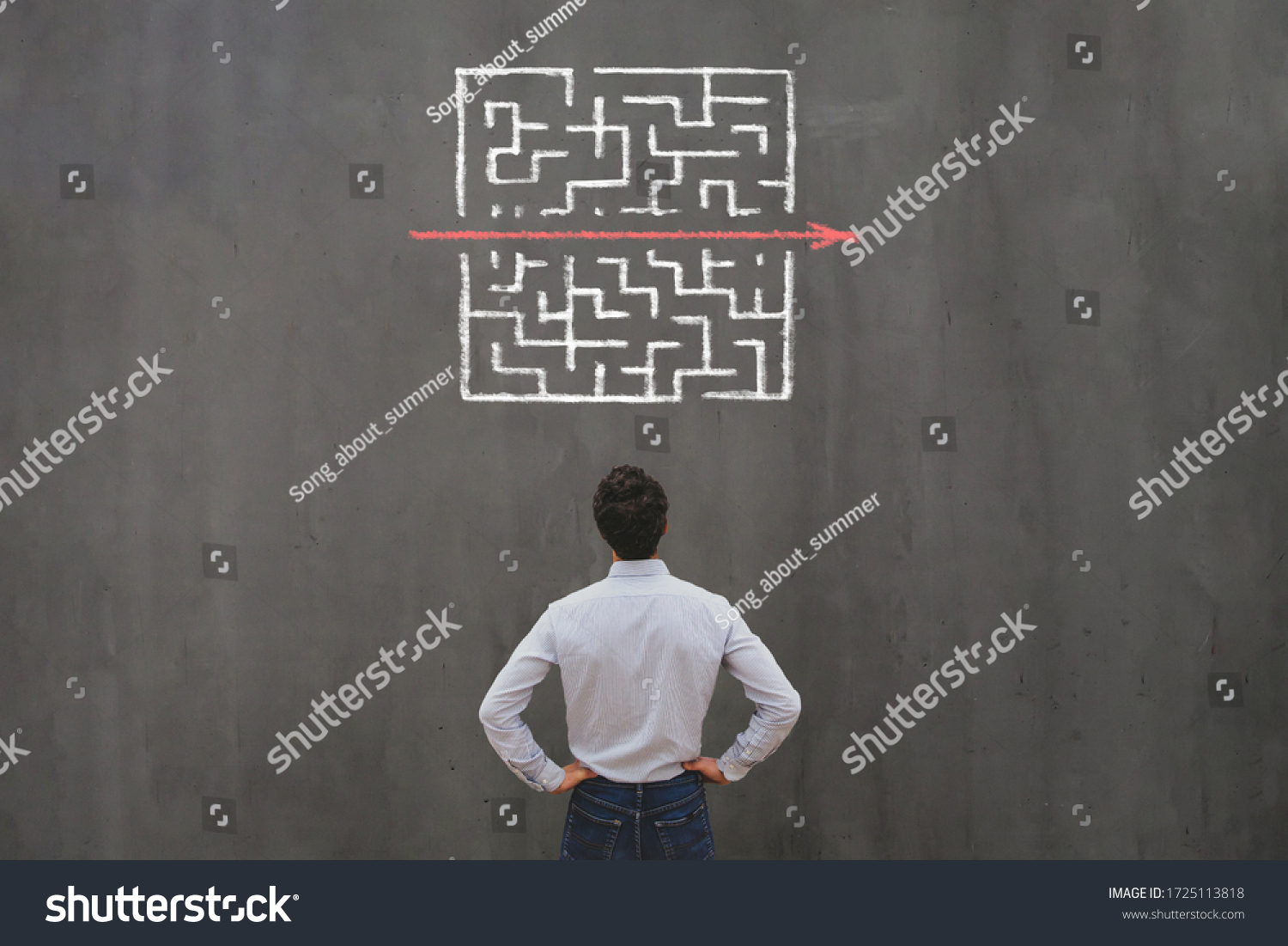 simple easy fast solution concept, problem solving, business man thinking about exit from complex labyrinth maze #1725113818