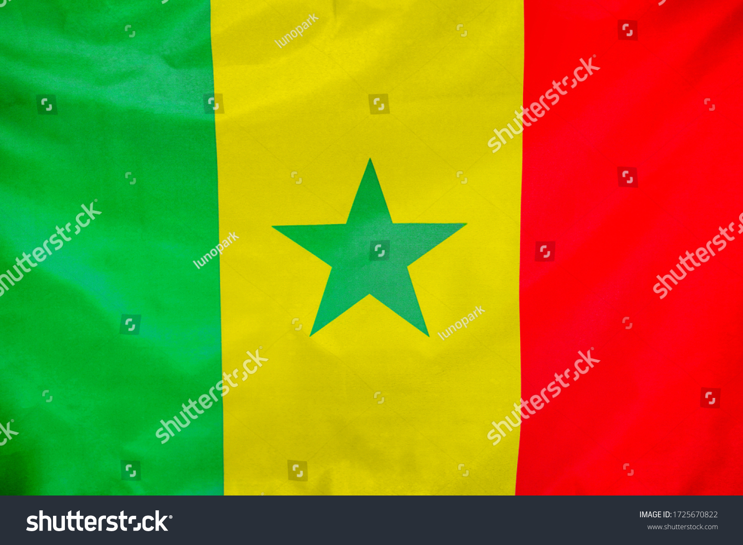 Fabric texture flag of Senegal. Flag of Senegal waving in the wind. Senegal flag is depicted on a sports cloth fabric with many folds. Sport team banner. #1725670822