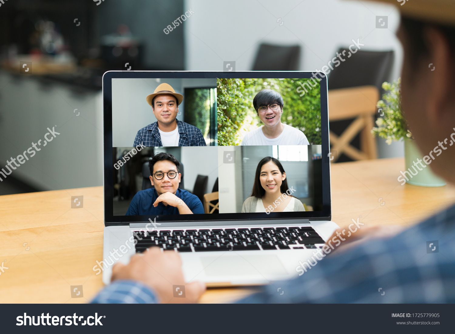 Asian business people video conference online on laptop. Meeting businessman and woman discussion corporate work from home. #1725779905
