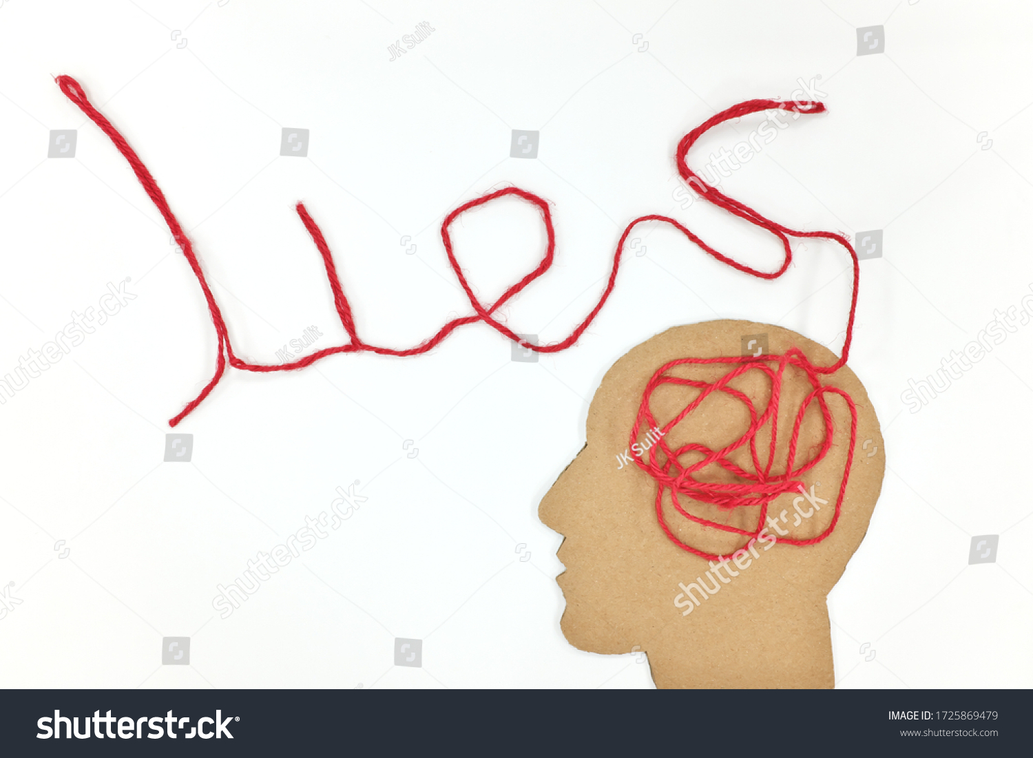 Lies, brainwashing and fake news concept. Human head profile silhouette with red yarn composed into word lies as brain gear. #1725869479