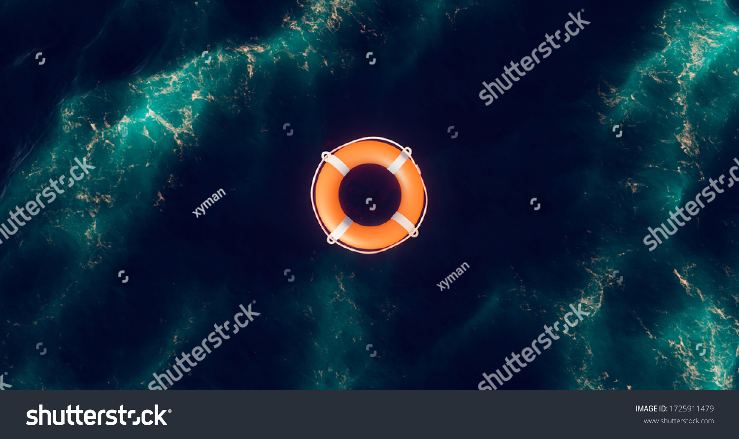 Life buoy. Life buoy in water. Top view of lifebuoy. Life ring floating in a sea. Life preserver in sea. Top view of rescue ring. Rescue ring. Safety ring. #1725911479