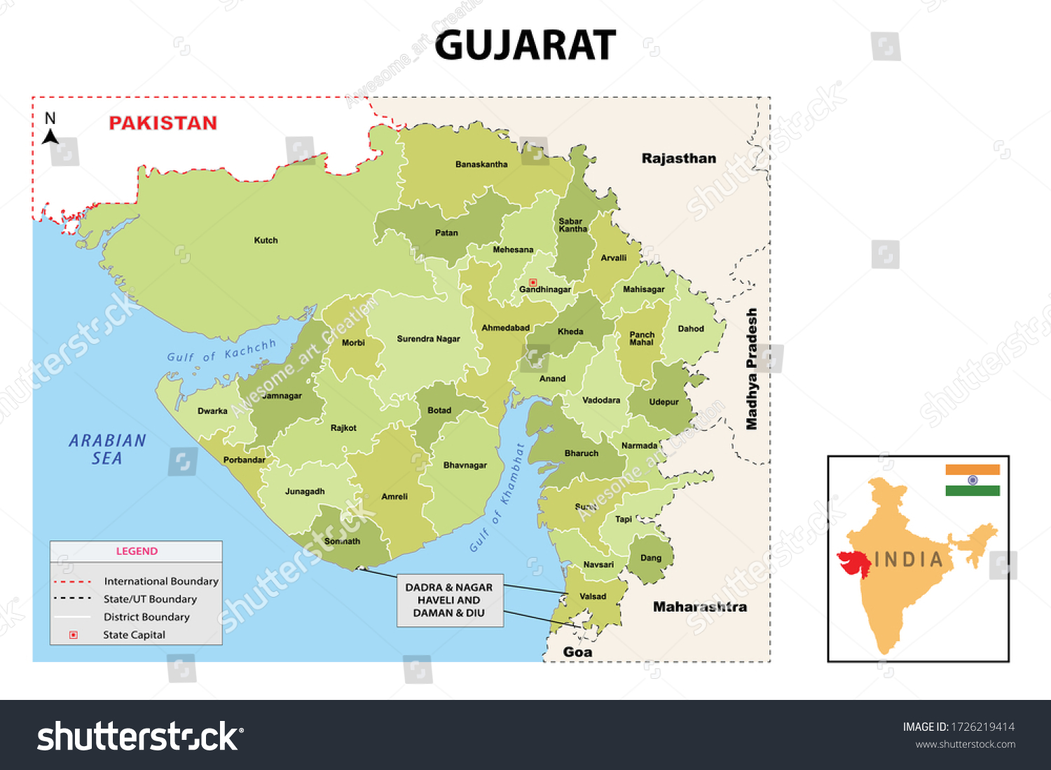 Gujurat map. Political and administrative map of Gujurat with districts name. Showing International and State boundary and district boundary of Gujurat. Vector illustration of vector districts map.
