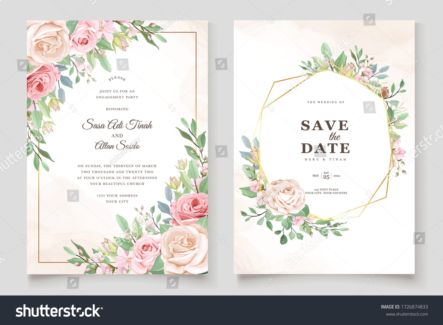watercolor pink roses wedding invitation card set #1726874833
