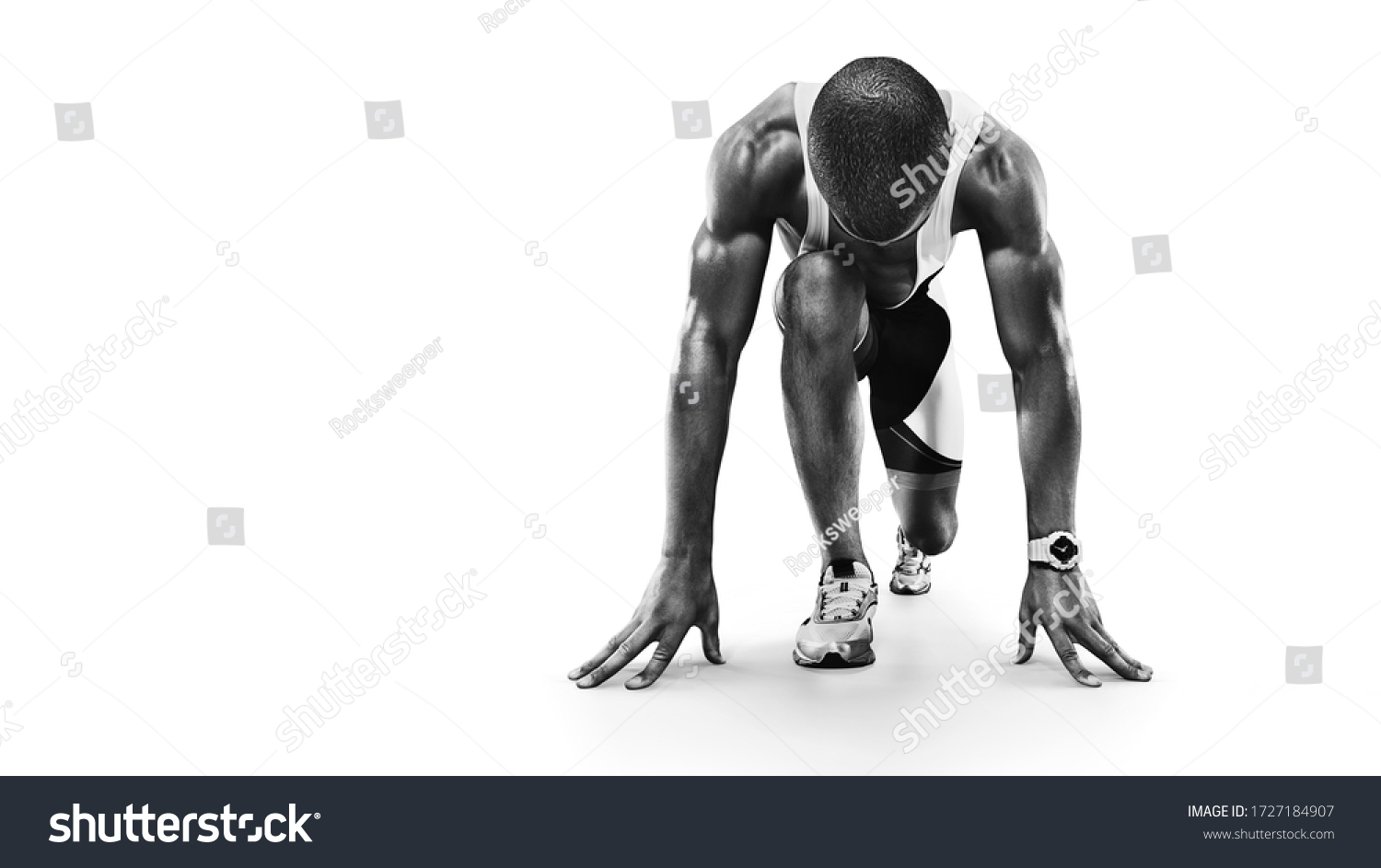 Sports background. Runner on the start. Black and white image isolated on white.  #1727184907