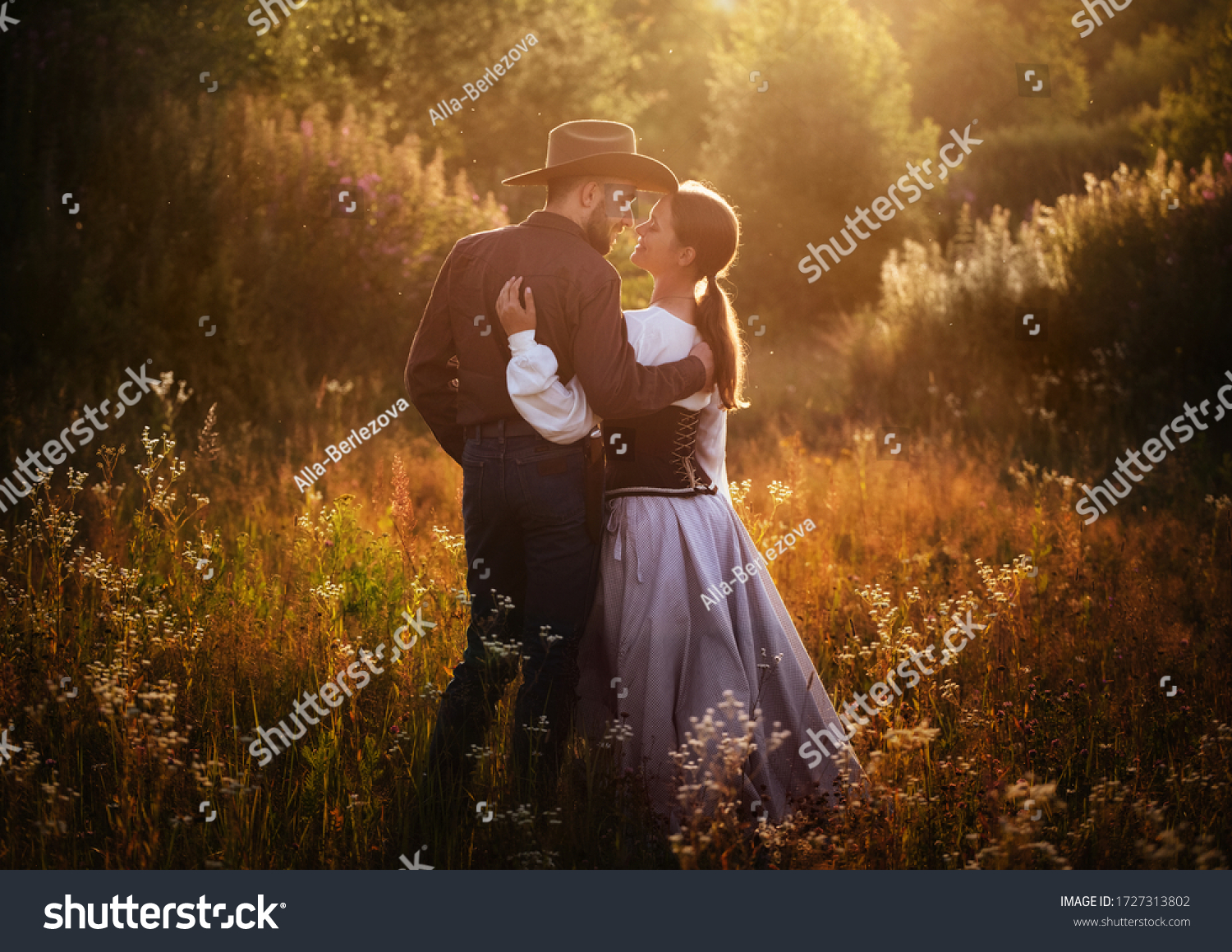 Beautiful American couple in autumn sunset #1727313802