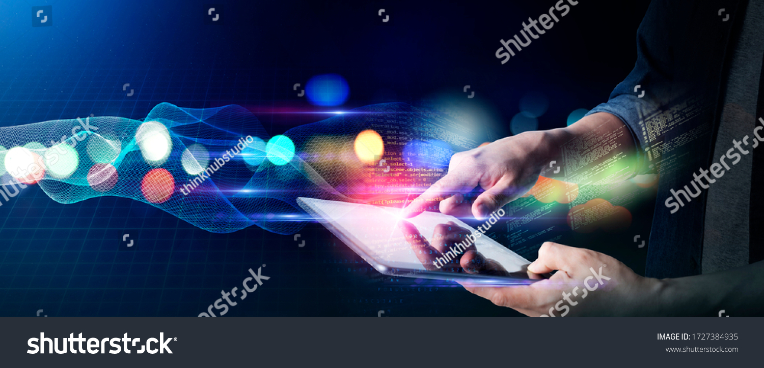 Man technology future lifestyle, digital marketing IOT internet of thing future AI technology smart device social network, man with tablet surfing internet futuristic metaverse NFT background #1727384935