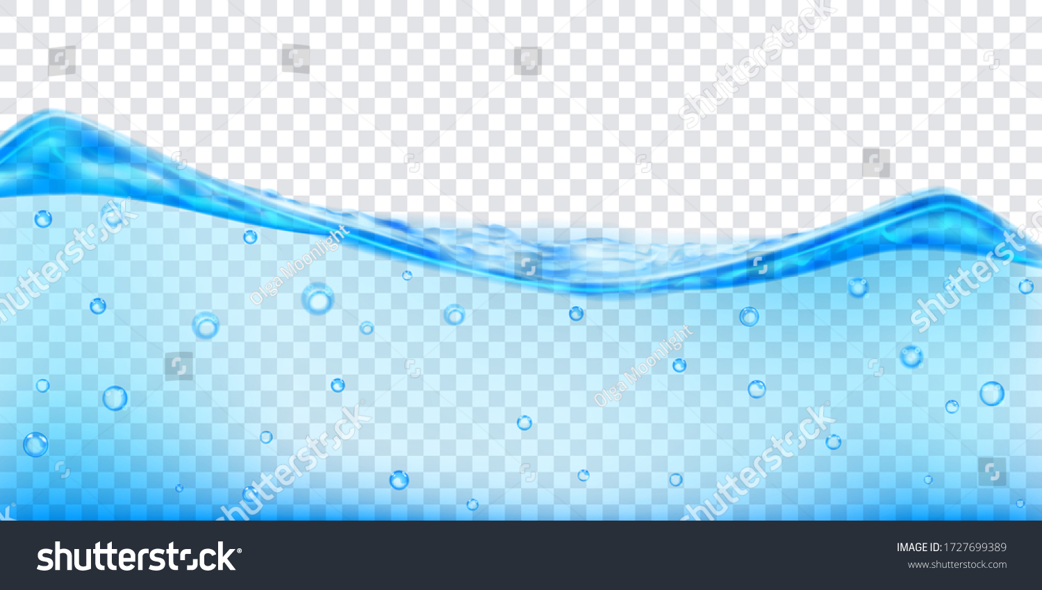 Translucent water wave in light blue colors with air bubbles, isolated on transparent background. Transparency only in vector file #1727699389