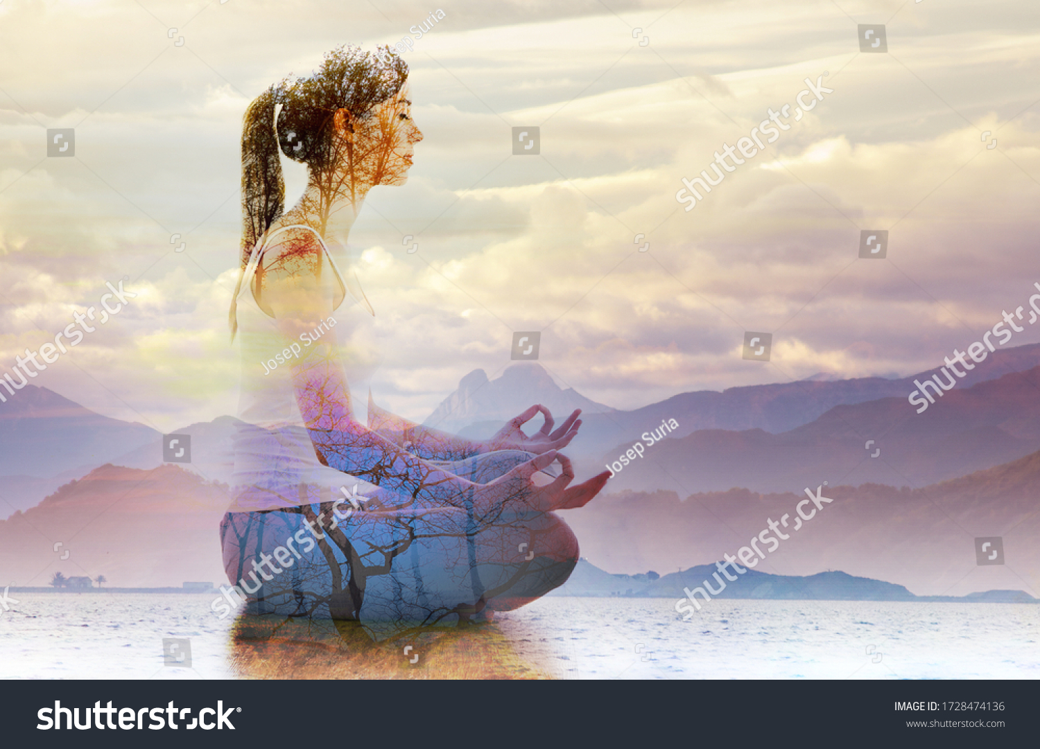 Double exposure of silhouette of woman doing yoga in lotus position over lake landscape. Concept of connection with the universe and nature. #1728474136