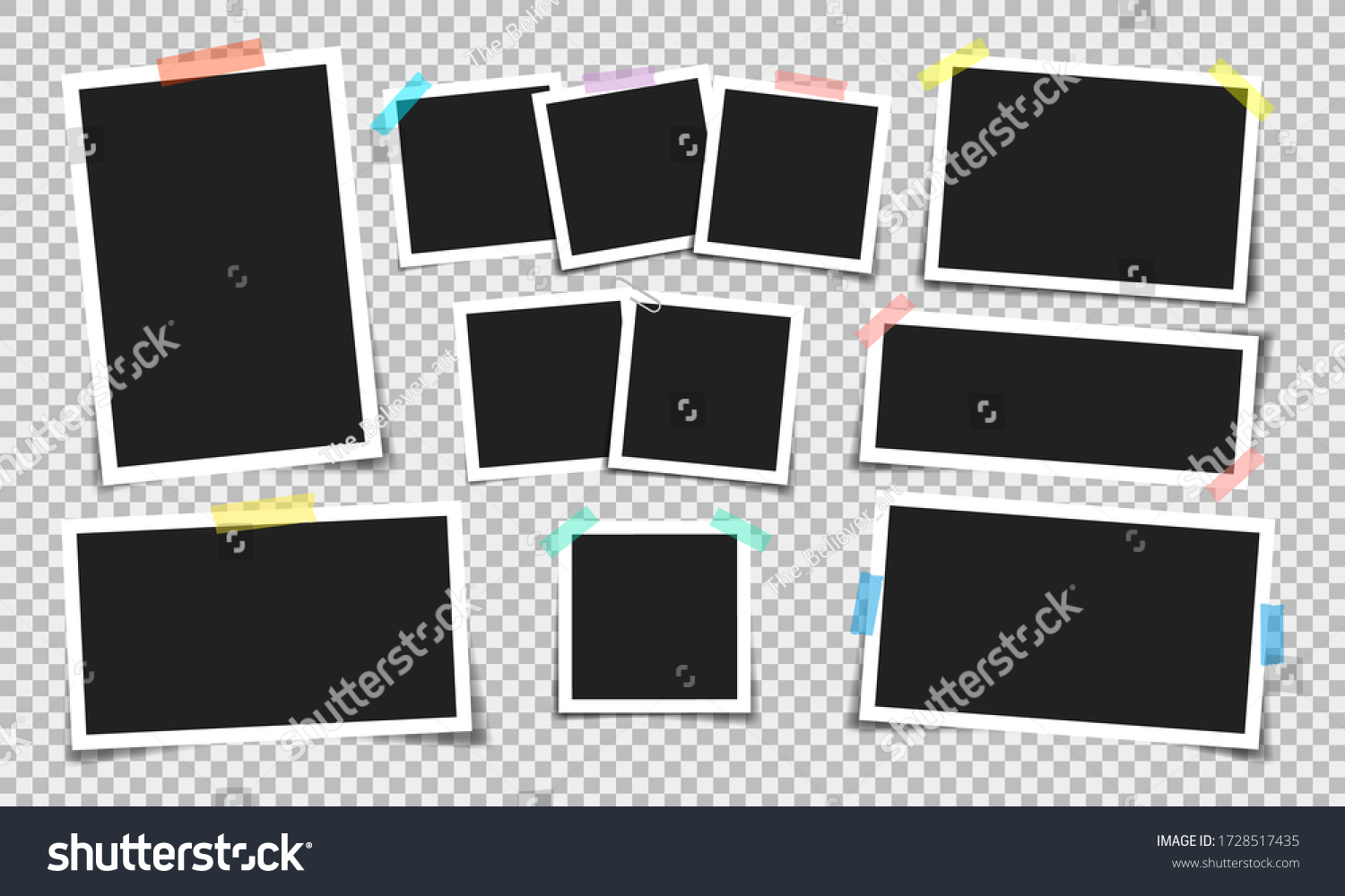 Photo frame with adhesive tape of different colors and paper clip. Photo realistic vector makeup of different size on transparent background. #1728517435