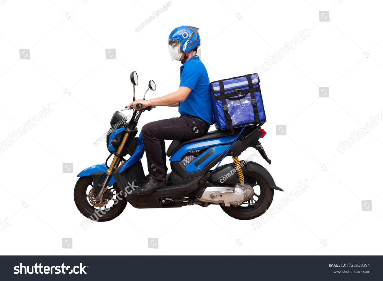 Delivery man wearing blue uniform riding motorcycle and delivery box. Motorbike delivering food or parcel express service isolated on white background #1728933394
