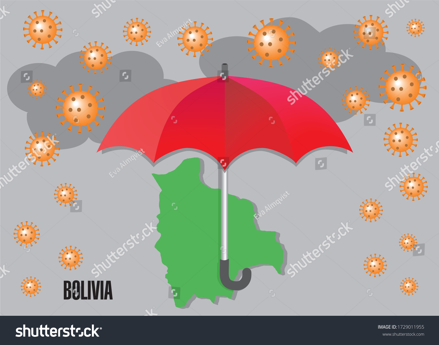 Red umbrella, Bolivia map and rand with Corona virus. Vector illustration. #1729011955