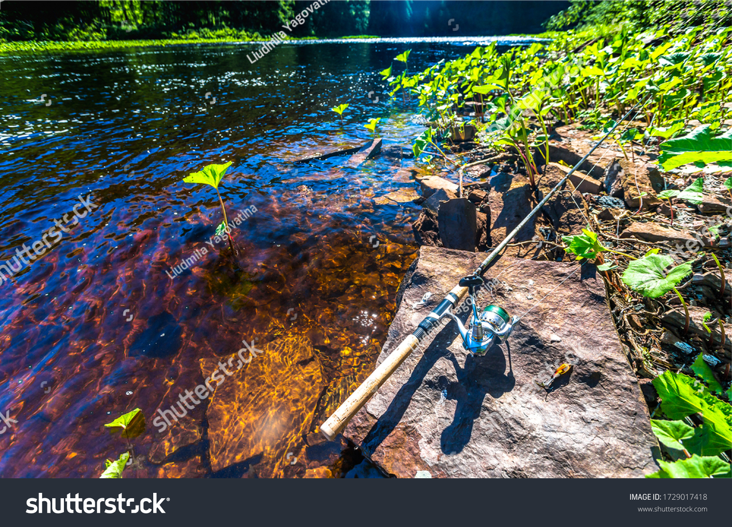 Fishing rod at summer river water #1729017418