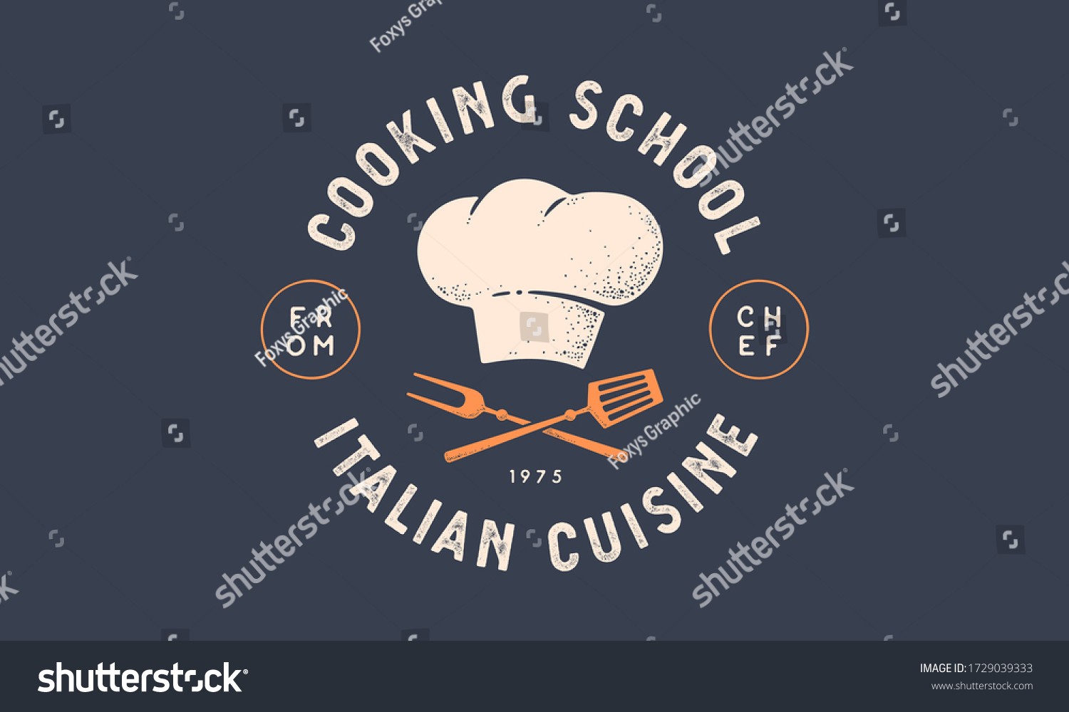 Food logo. Logo for Cooking school class with icon bbq tools, grill fork, spatula, text typography Coocking School, Cuisine. Graphic logo template for cooking cuisine course. Vector Illustration #1729039333