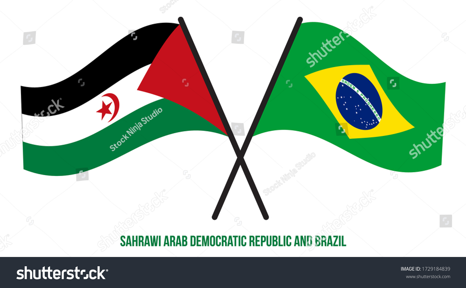 Sahrawi and Brazil Flags Crossed And Waving Flat Royalty Free Stock Vector 1729184839