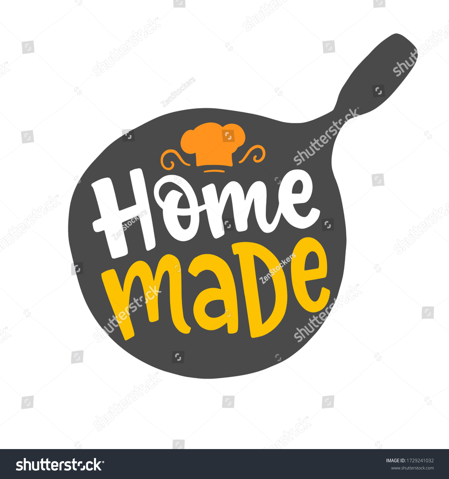 Home made quote in pan shape, hand written cook food lettering emblem with wok, isolated on white background. Cooking classes logo, cookware print. Vector illustration for design. #1729241032