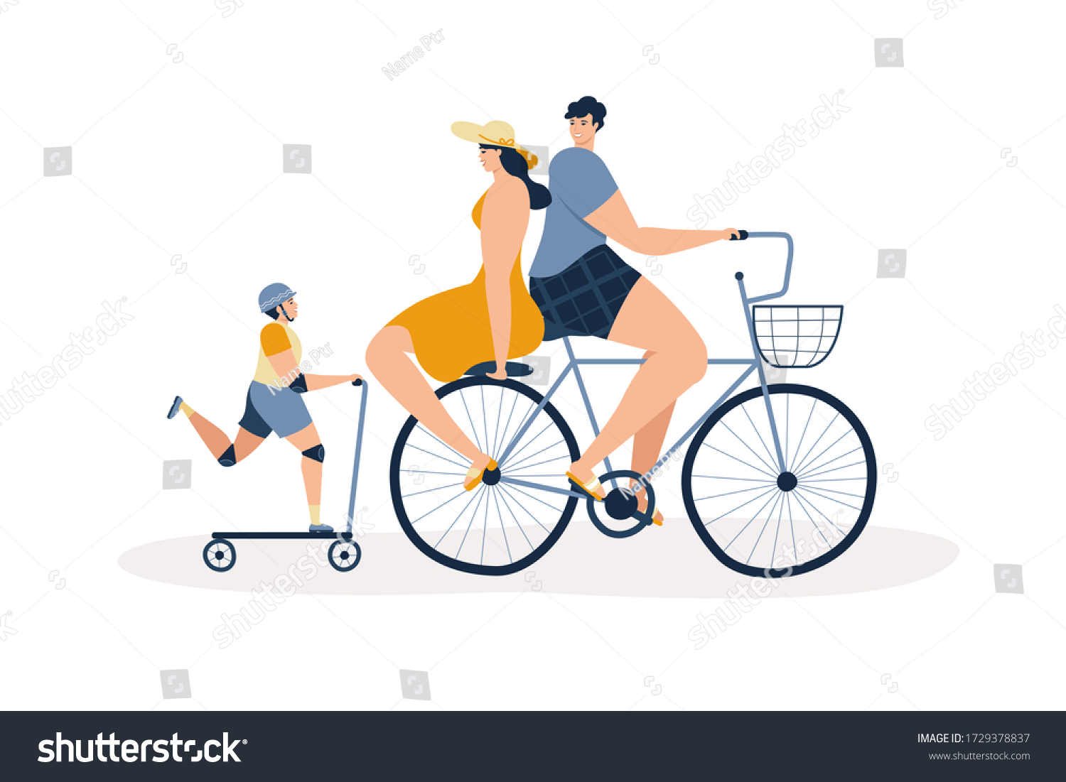 Parents Riding A Bike And Their Son Riding A - Royalty Free Stock Photo ...