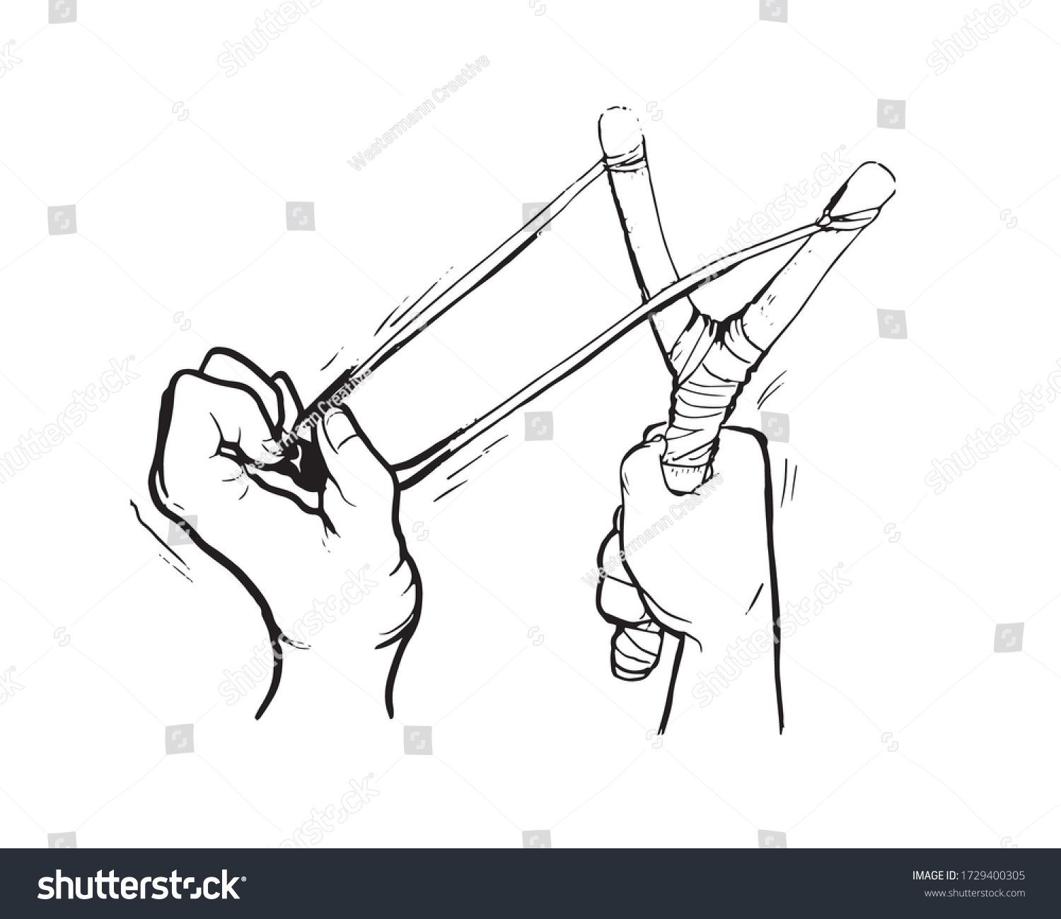 Drawing of a hand pulling back slingshot and Royalty Free Stock