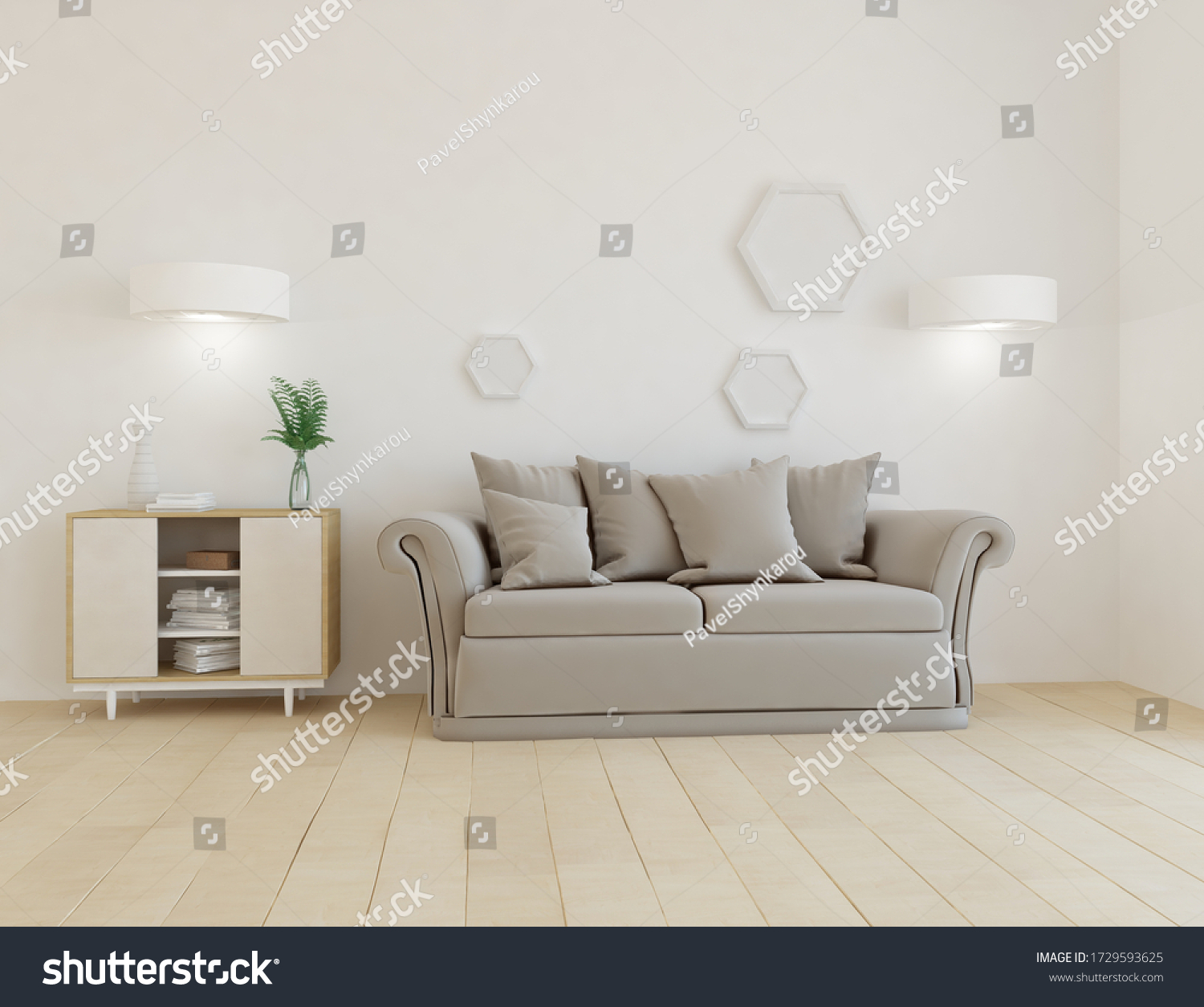 White minimalist living room interior with sofa, dresser on a wooden floor, decor on a large wall, white landscape in window. Home nordic interior. 3D illustration #1729593625