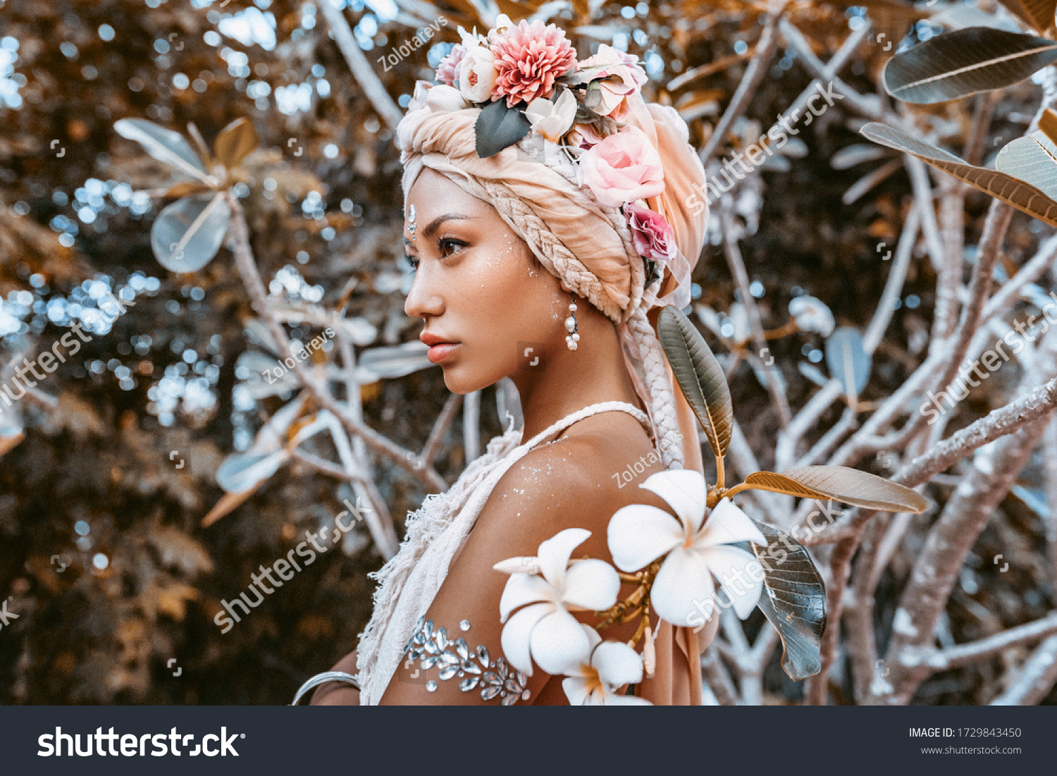 beautiful young stylish woman wearing flowers wreath outdoors portrait #1729843450