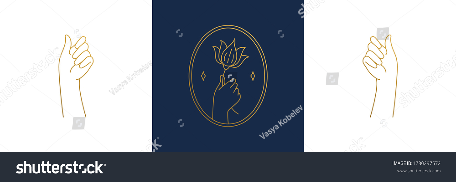 Vector line feminine decoration design elements set - flower and female gesture hands illustrations minimal linear style. Collection mystical outline graphics for logo emblems and product branding #1730297572