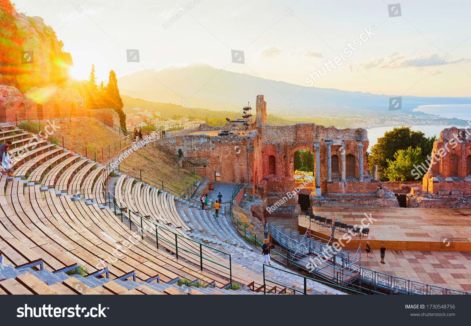 Sunset at Greek theater of Taormina, Sicily, Italy. Travel #1730548756