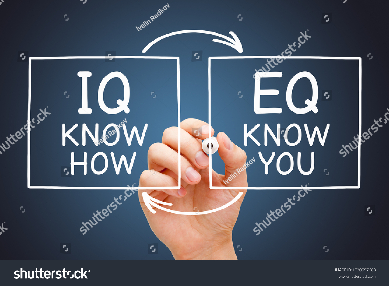 Hand drawing IQ Know How and EQ Know You diagram with marker on transparent glass board. Emotional intelligence quotient and Intelligence quotient concept. #1730557669