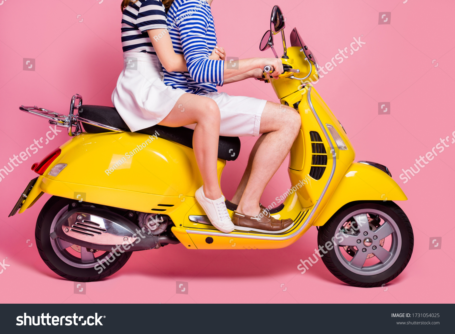 Cropped profile side view portrait of his he her she nice attractive lovely couple riding moped embracing spending weekend vacation journey isolated on pink pastel color background #1731054025