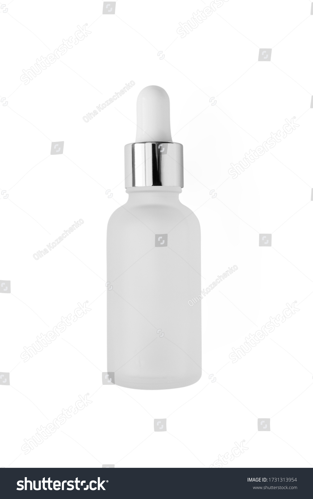 Frosted glass bottle with dropper with silver metallic cup isolated on white background, top view. Mockup cosmetic product