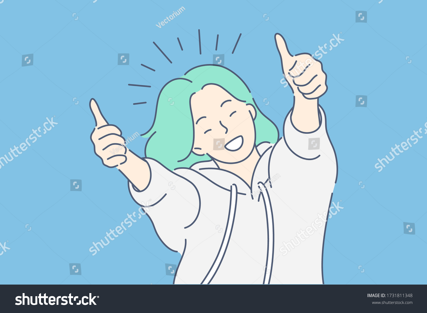 Like sign, joy, approval, happiness concept. Young happy smiling woman or girl teenager cartoon character showing thumbs up. Success and goal achievement facial expression flat vector illustration. #1731811348