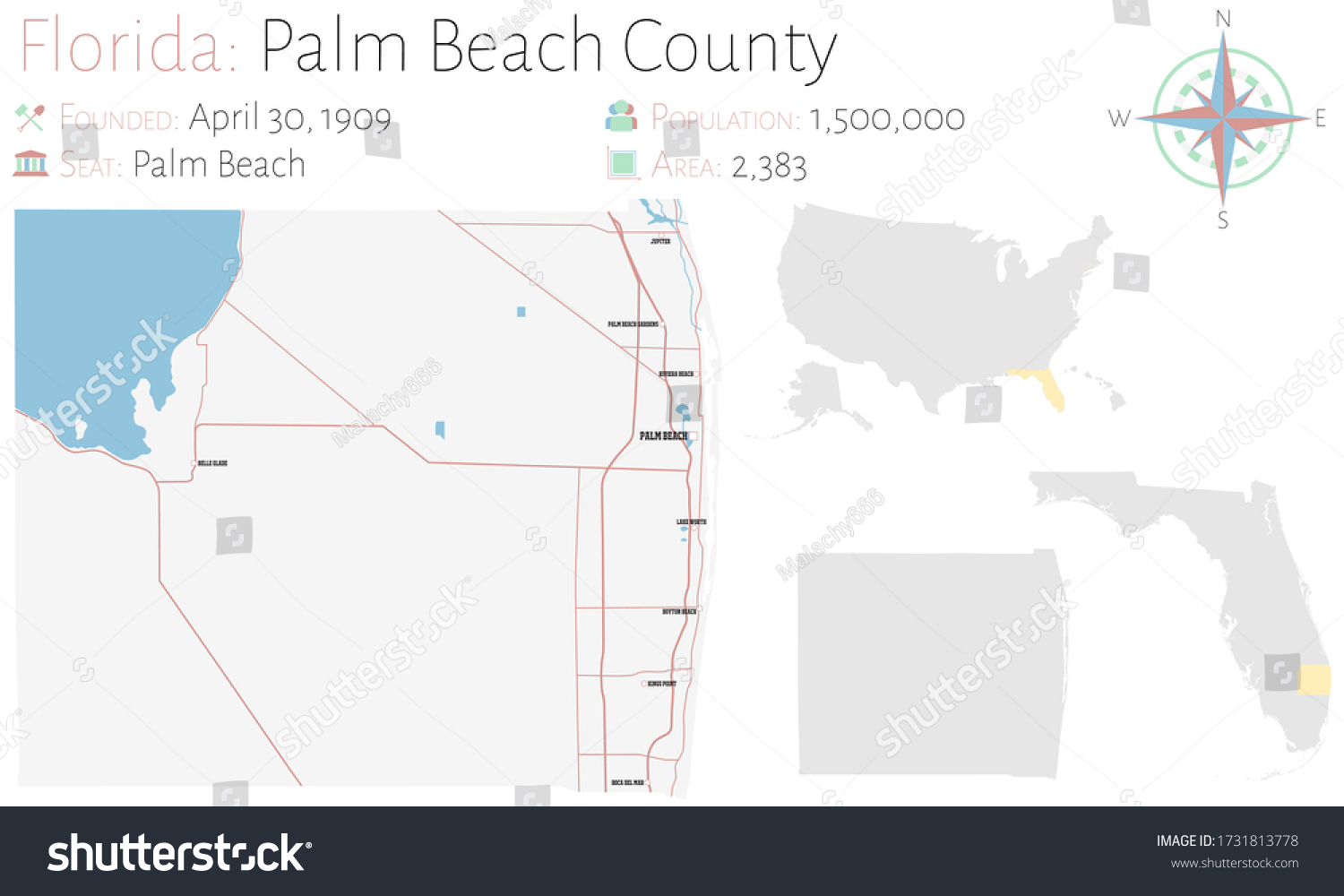 Large and detailed map of Palm Beach county in - Royalty Free Stock ...